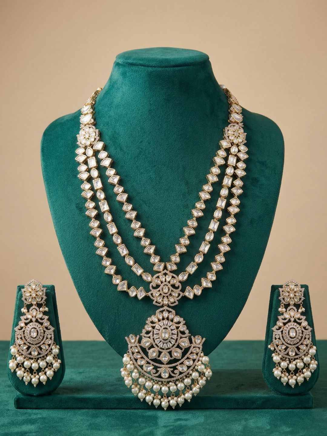 Luxurious Long Layerd Polki Kundan Necklace Set With Pendant | Wedding And Bridal Jewellery Set 