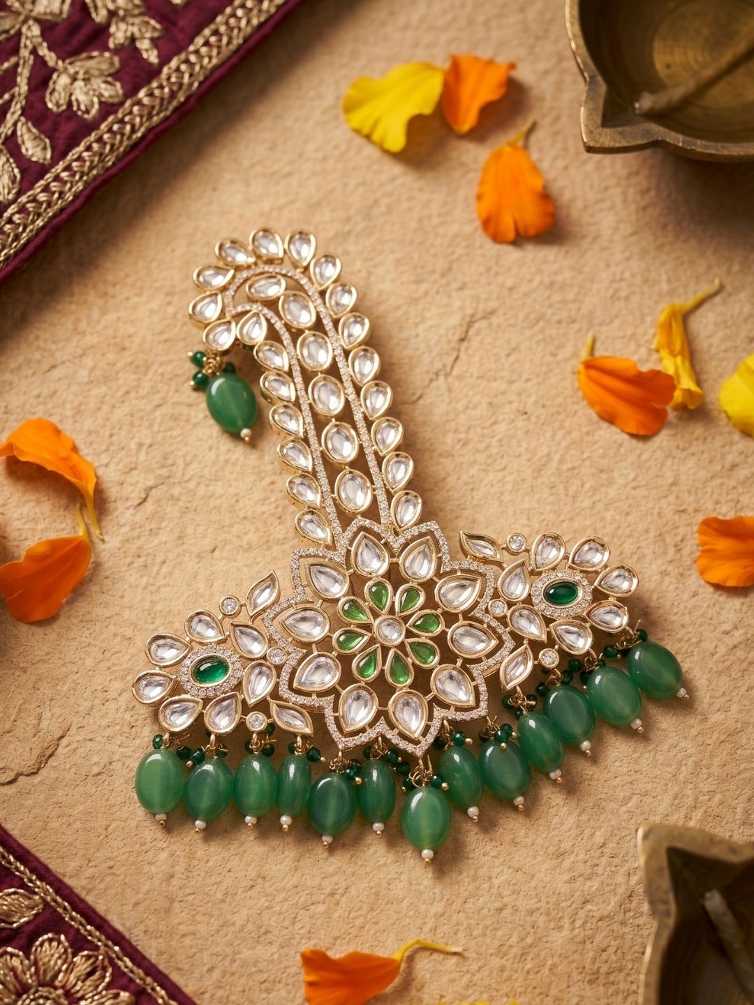 Royal Look Maharaja green beaded studded kundan Polki Kalangi For Grooms | Safa Kalgi For Men | Turban Brooch