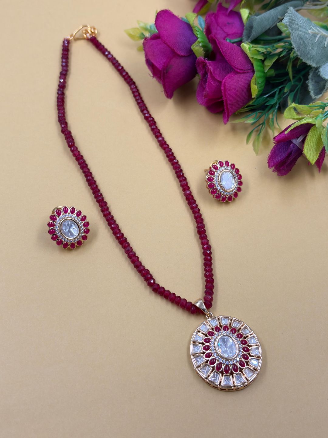 Gold Plated Kundan Pendant And Earring Set With red beaded Chain - Festive Wear Necklace