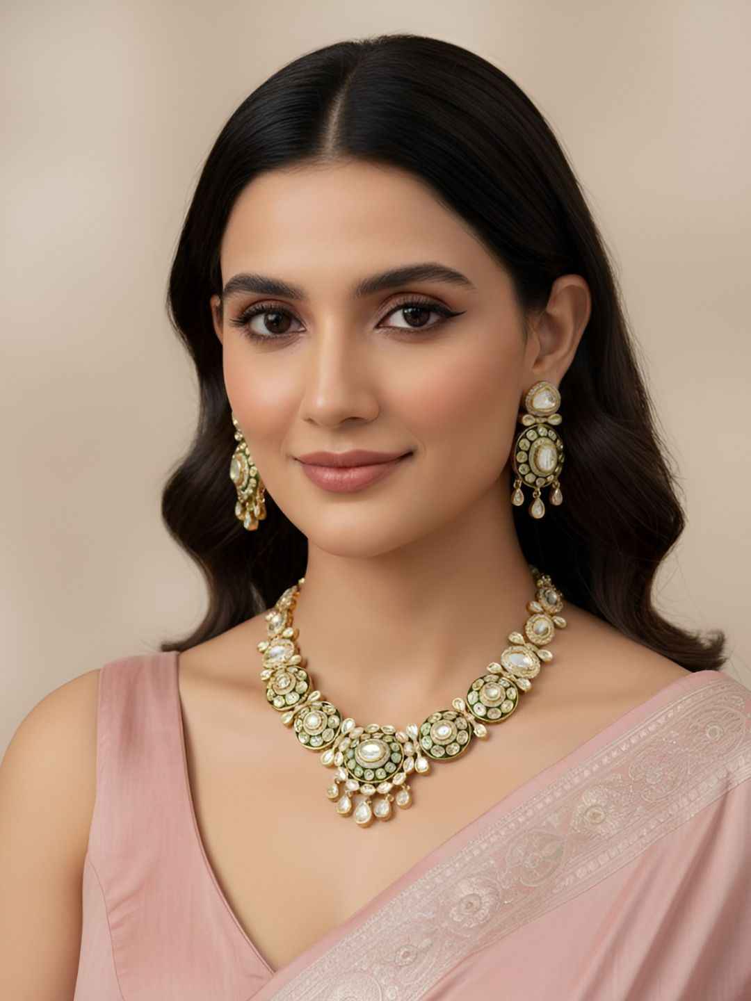 Gold Plated Green Meenakari Kundan Necklace Set  For Women - Wedding And Festive Wear