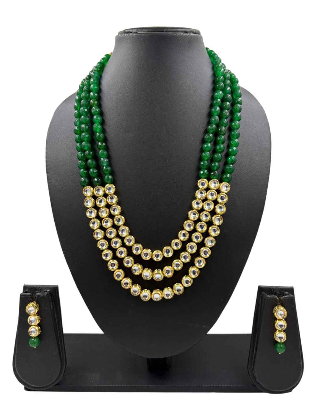 Gold Plated Layered Kundan and green jade Beaded Necklace Set - Traditional Ethnic Jewellery Set