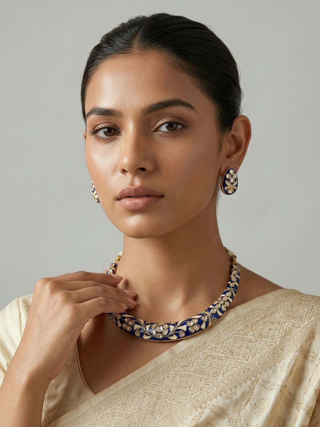 Traditional Rajasthani blue Meenakari Hasli Necklace Set For Women - Ethnic Jewellery Set