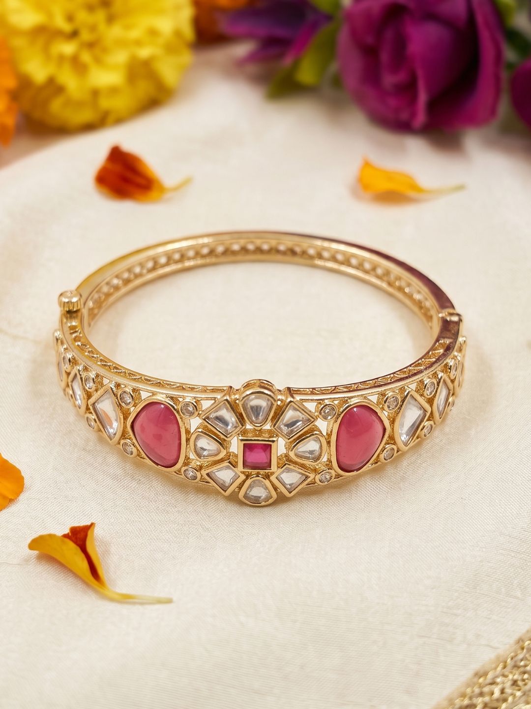 Elegant Ruby Pink Kundan Polki Bracelet For Women - Festive & Wedding Wear Bracelet