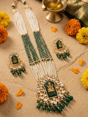 Divine Goddess Lakshmi Devi Temple Jewellery Set | South Indian Long Green Polki Temple Jewelry for Women