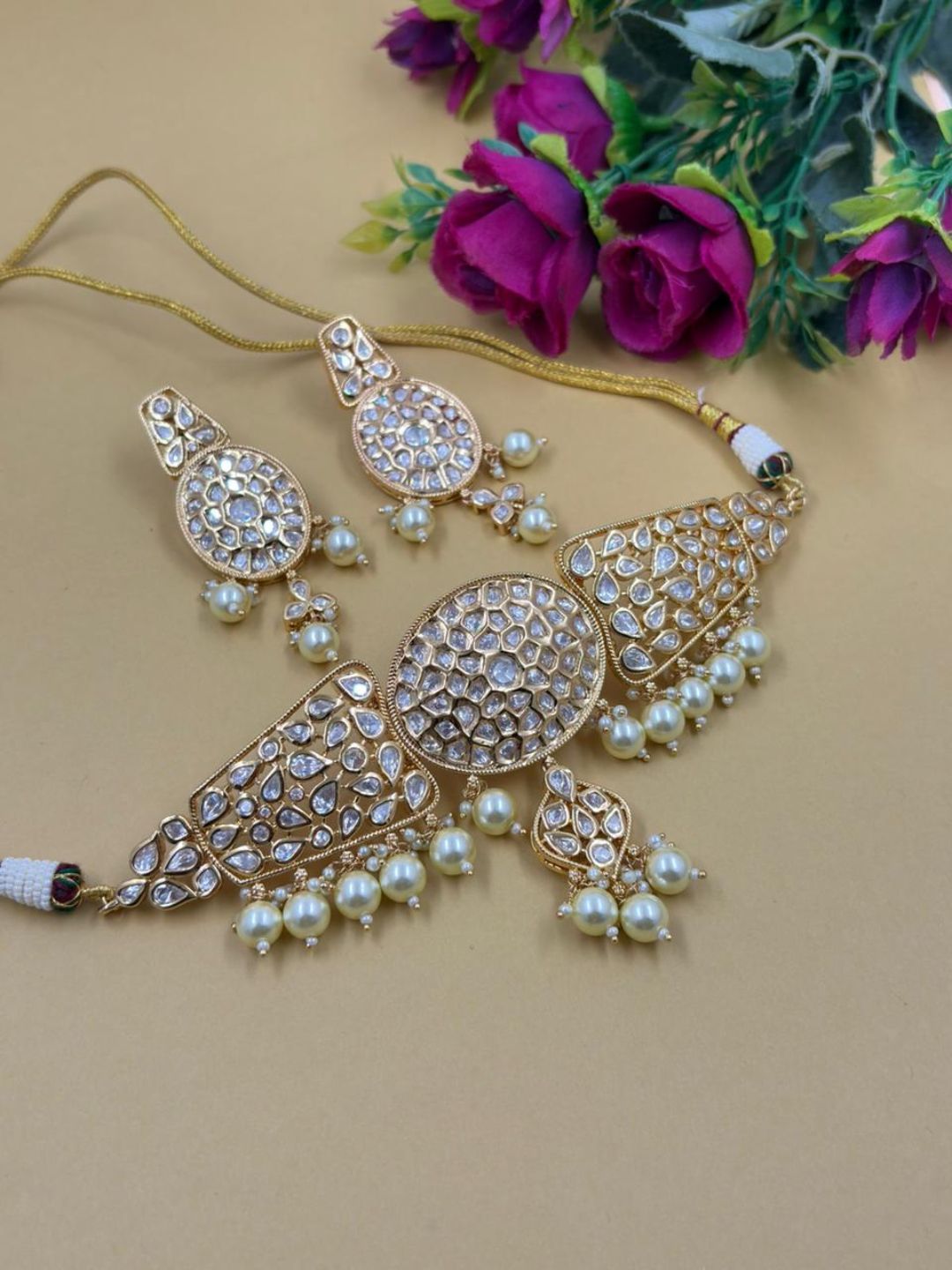 Gold Plated Statement Look Kundan Choker Necklace Set with pearld drops - Wedding And Party Wear