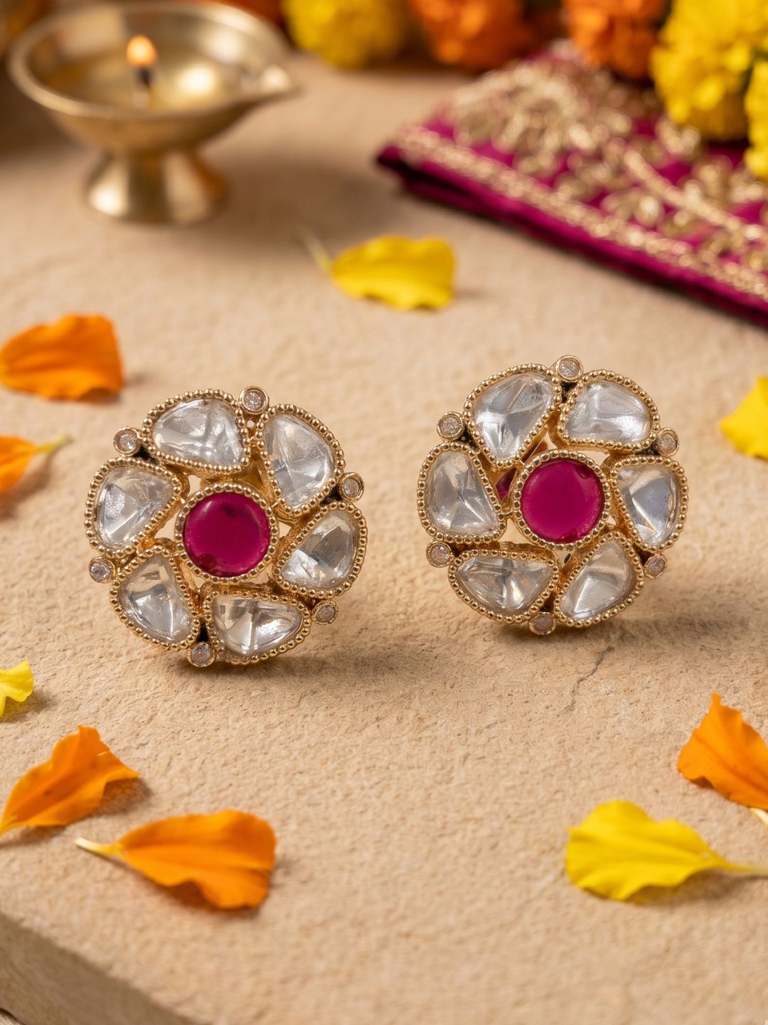 Elegant Gold Plated Polki Kundan Stud Earrings For Women | Ethnic And Traditional Indian red kundan stud Earrings