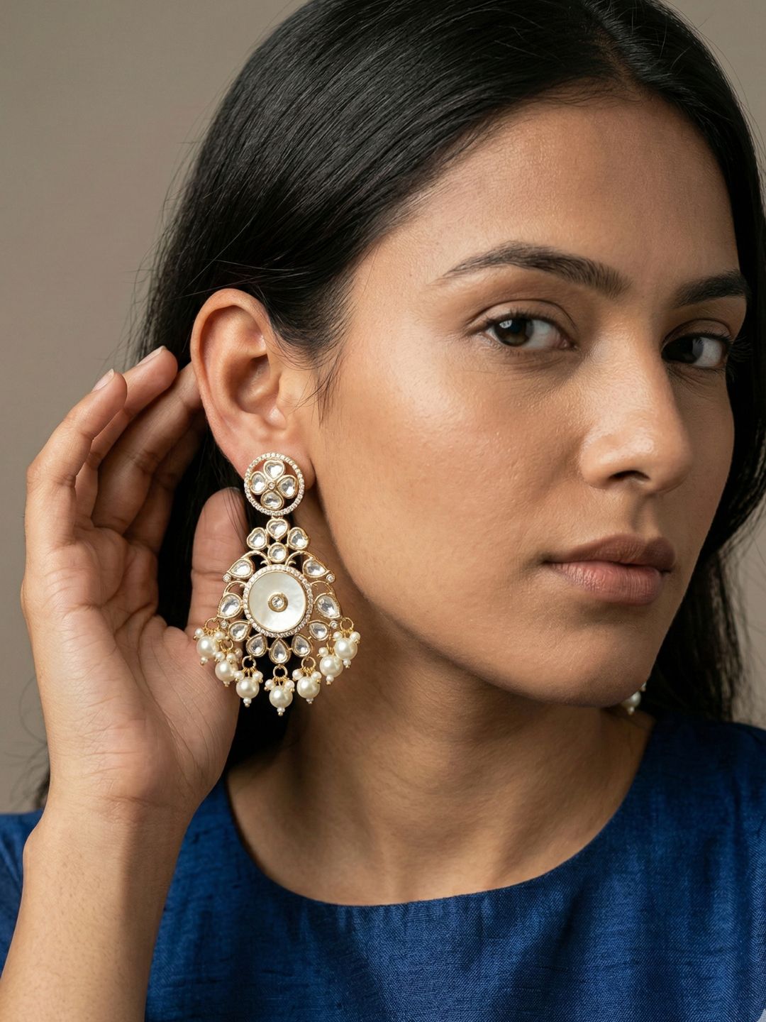 Designer Mother Of Pearl And Kundan Chandbali Earrings For Women - Wedding & Festive Wear white beaded mop earrings