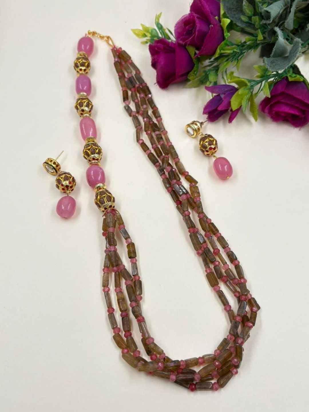 Handcrafted Side Pattern Jade Gemstone Beaded Jewellery Necklace Set - Ethnic And Traditional Wear