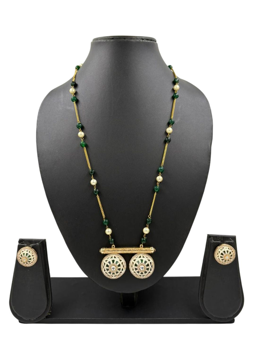 Traditional Long Beaded Chain Pendant Necklace Set With green Meenakari - Ethnic Jewellery Set