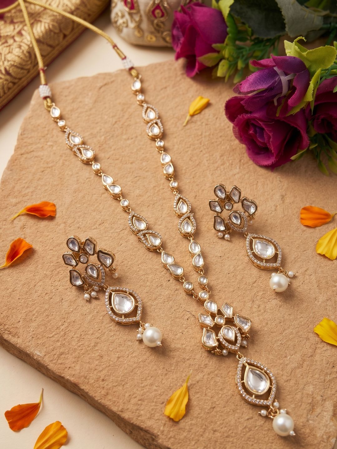 Elegant Rose Gold Finish Polki Pendant Necklace Set For Women - Indo Western Modern Jewellery Set