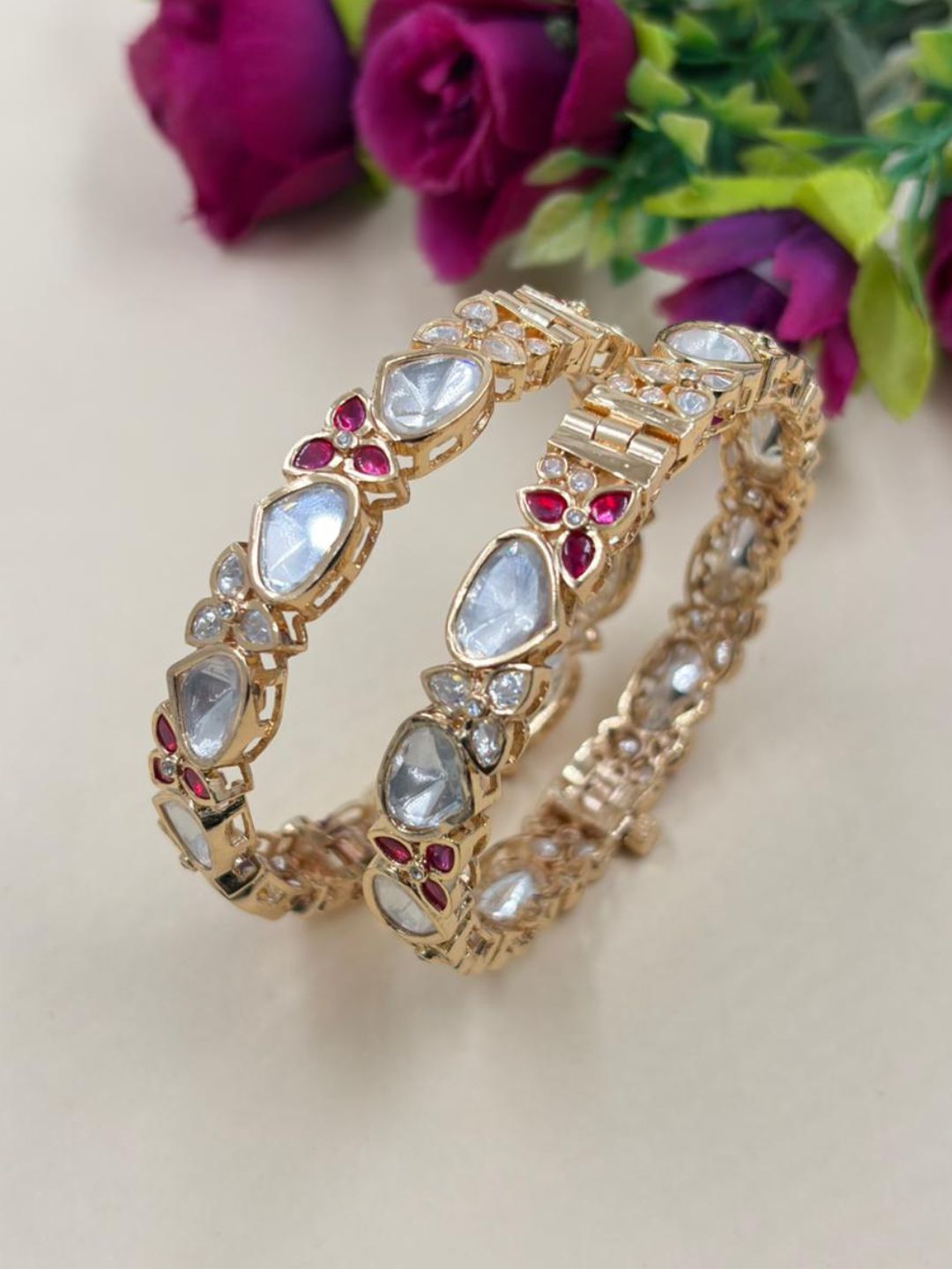 Elegant Rose Gold Finish Polki Kundan Bangles For Women - Wedding And Party Wear Bangles