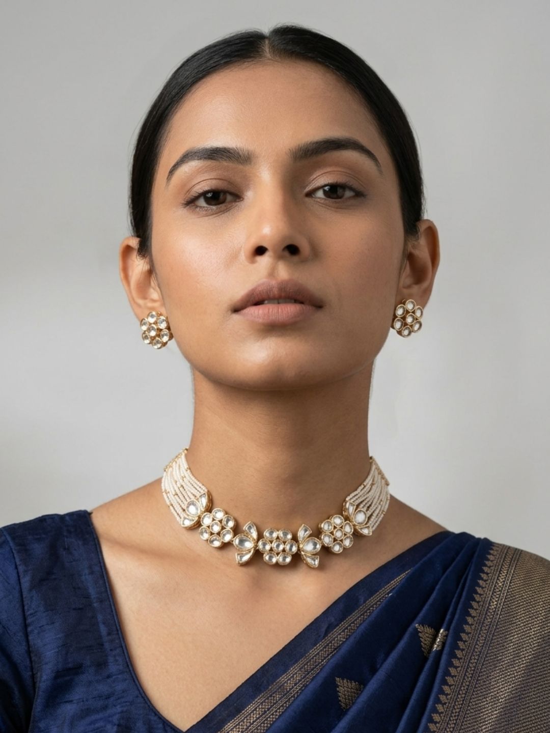 Modern Kundan And Pearl Choker Necklace Set | Contemporary Indian Choker Jewelry