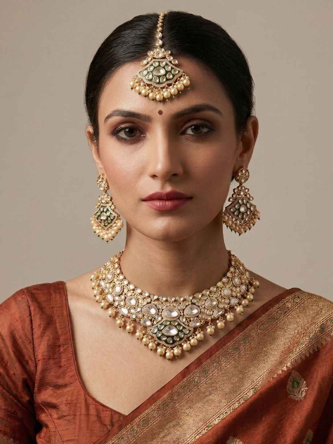 Gold Plated Luxury Wedding Polki Kundan Necklace Set With Tikka - Wedding & Bridal Jewellery Set