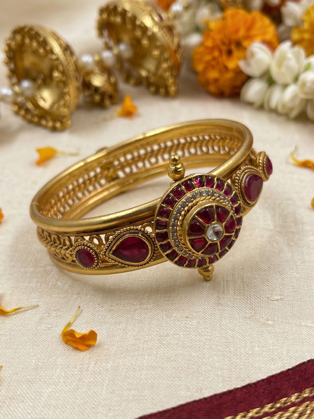 Ethnic Gold Plated Jadau Antique Gold Openable Kada Bracelet | Wedding And Festive Wear Bracelet