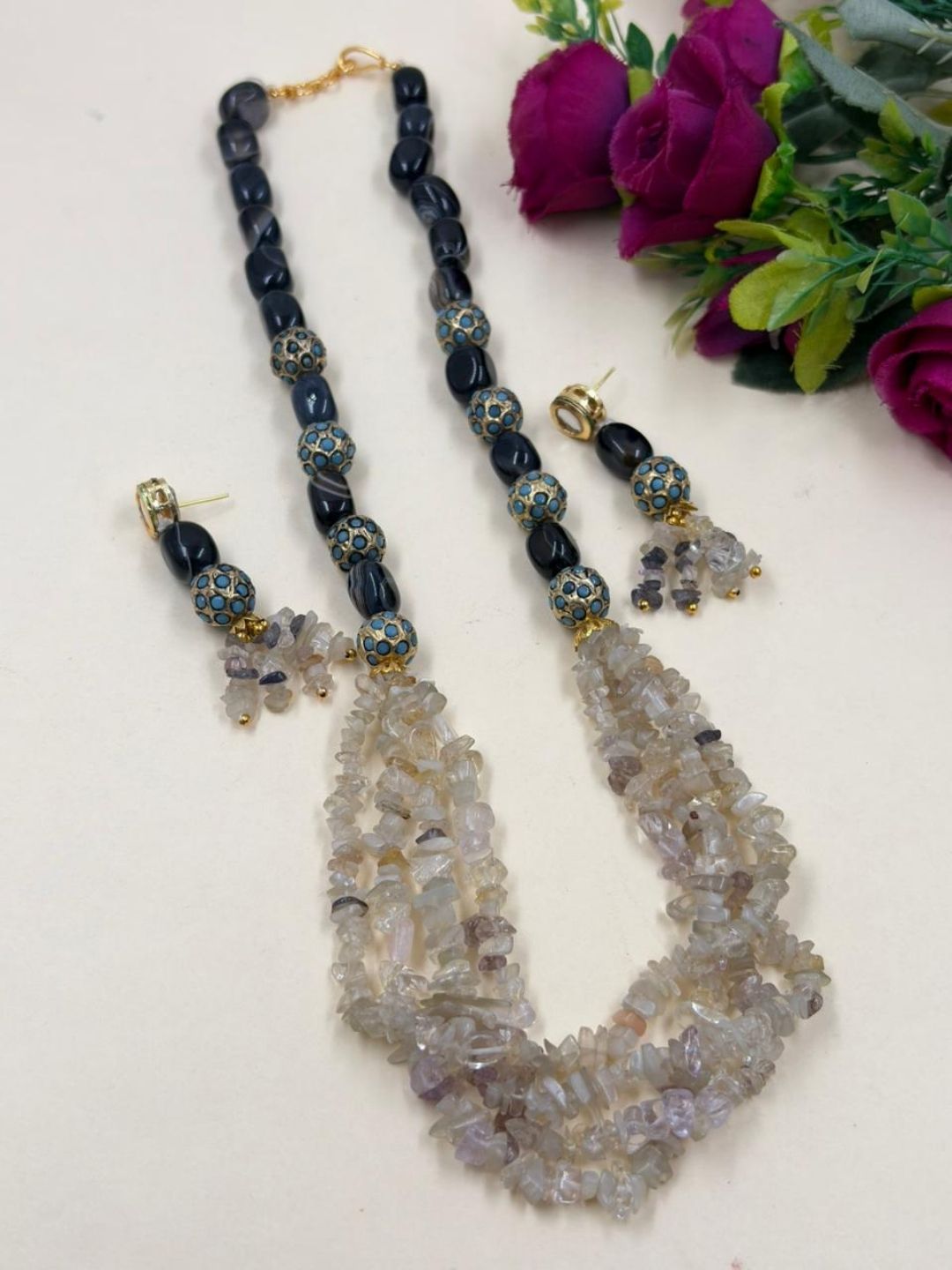 Designer Black And White Beaded Jewellery Set - Elegant Gemstone Jewellery