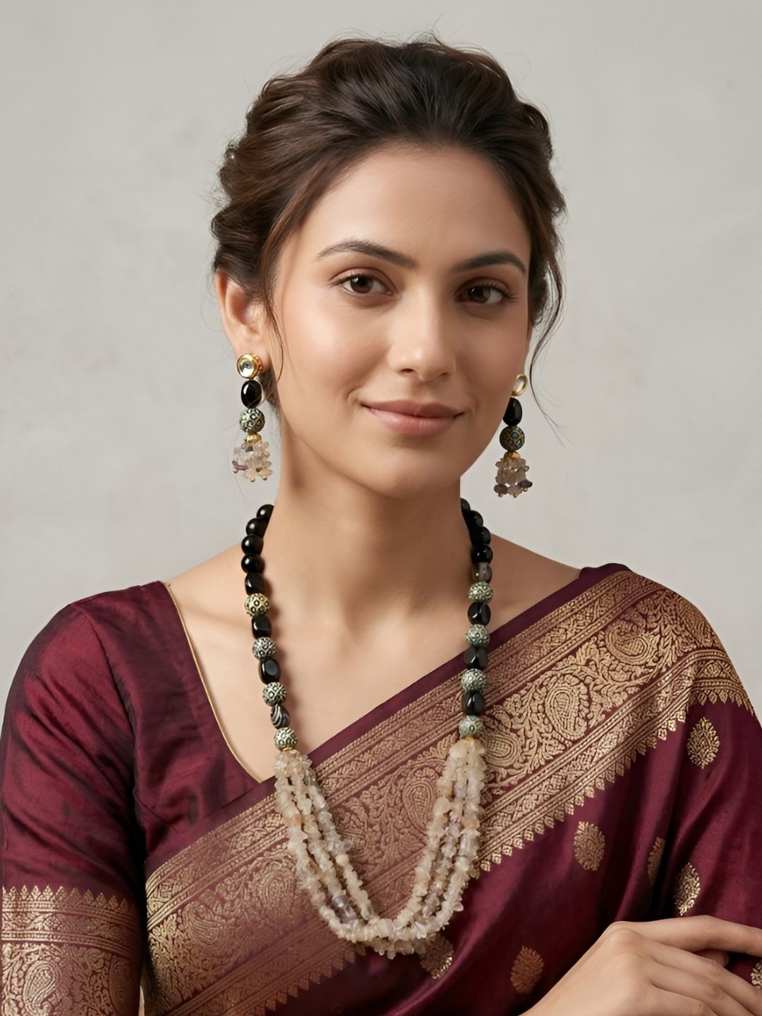 Designer Black And White Beaded Jewellery Set - Elegant Gemstone Jewellery