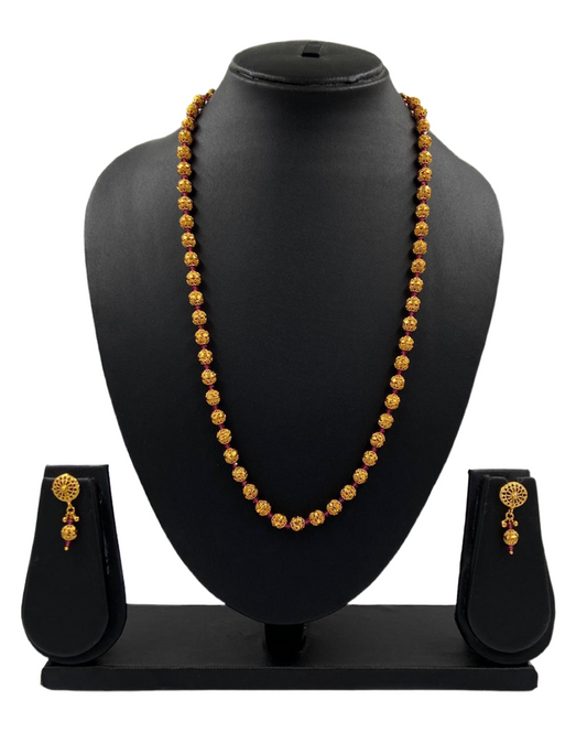 Traditional Gold Toned Single Strand Golden Beads Matar Mala Necklace For Woman (Rhodolite)