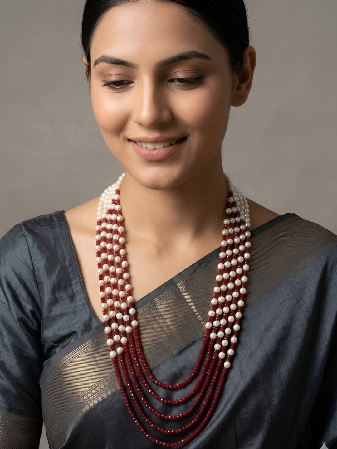 Multi Layered Pearls And Red Beads Necklace For Sarees And Dresses online