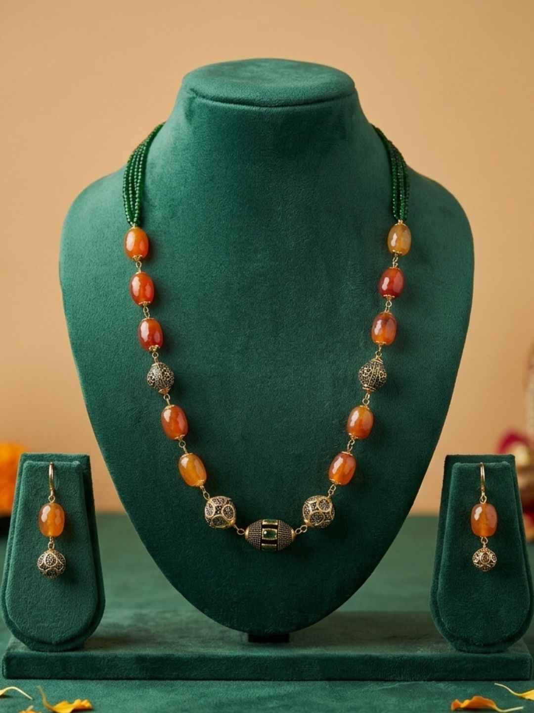 Semi Precious Handcrafted Chalcedony Orange Colour Beaded Necklace Set