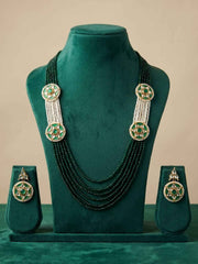 Traditional Long Multilayered Green Beaded Necklace Set With Side Brooches | Ethnic & Traditional Wear