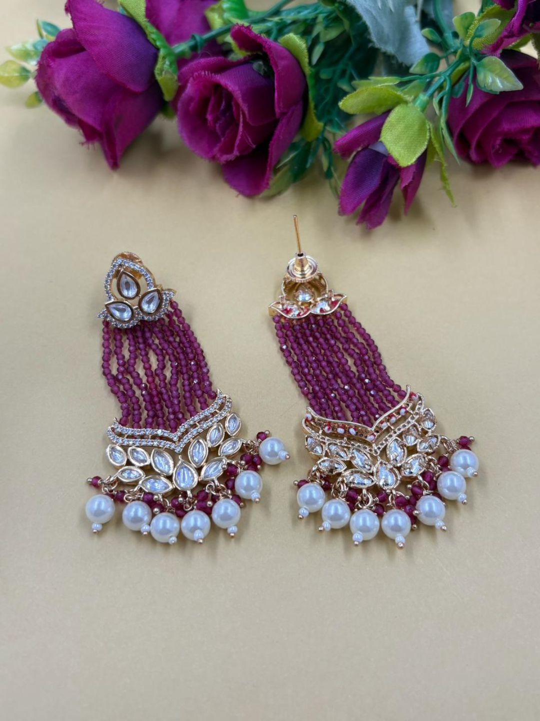Long Kundan pink Beaded Chandelier Earrings With Pearl Drops | Bridal Statement Ethnic Earrings for Women