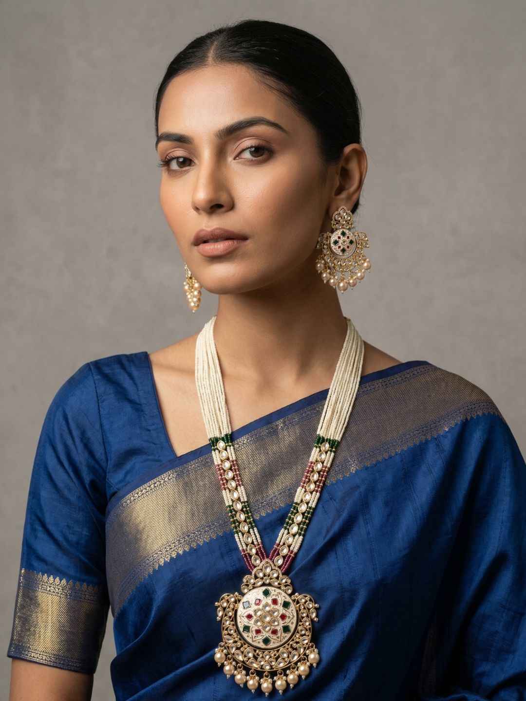 Traditional Long Beaded Kundan Pendant Necklace Set With Enamel | Wedding Jewellery Set