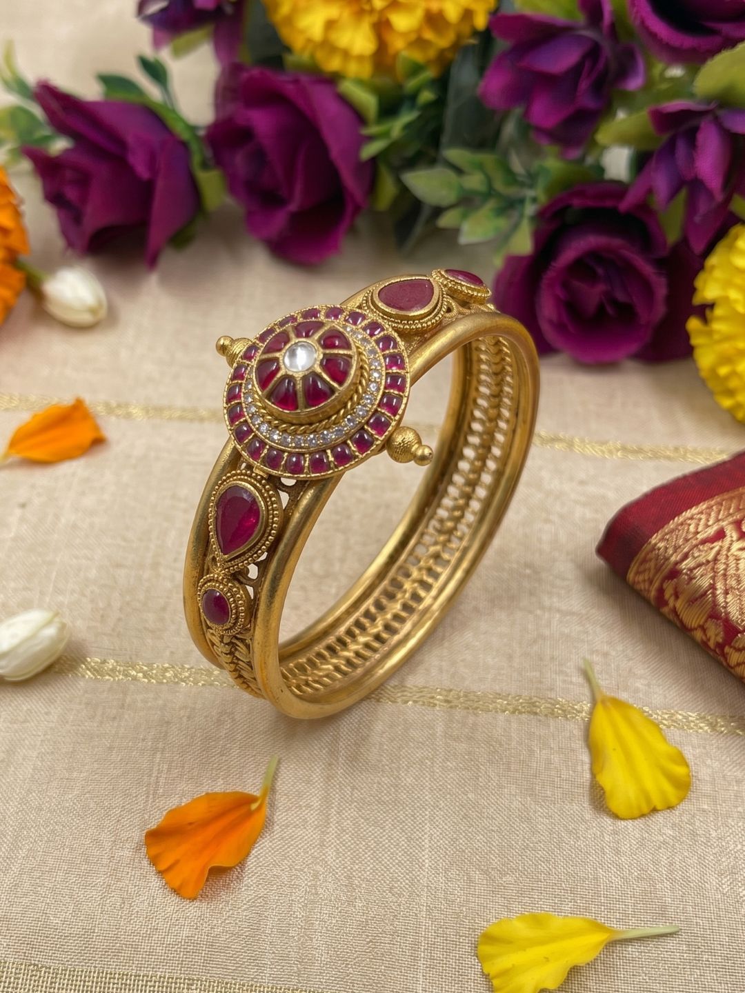 Ethnic Gold Plated Jadau Antique Gold Openable Kada Bracelet | Wedding And Festive Wear Bracelet