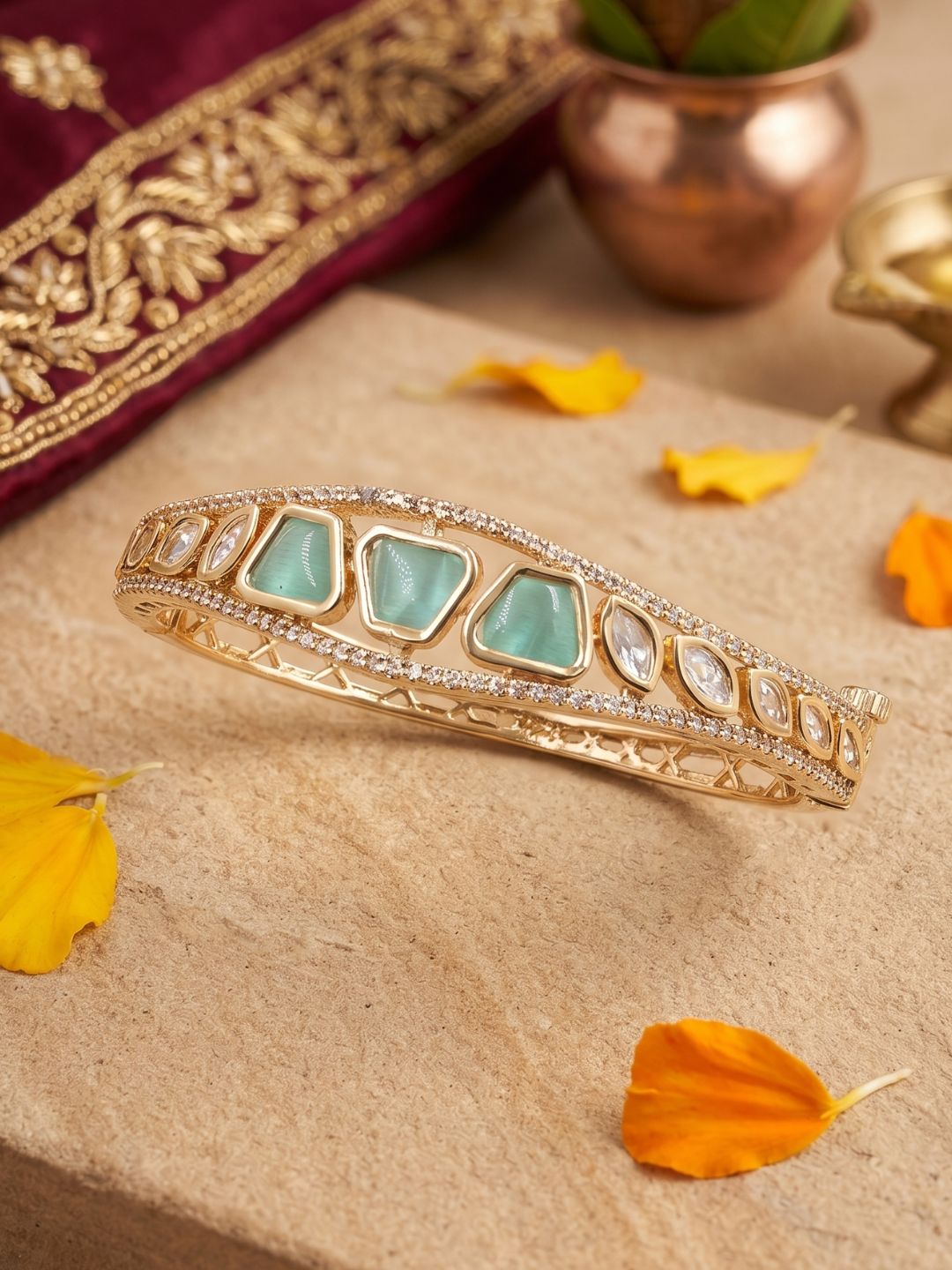Gold Plated Elegant Sleek studded Kundan and mint green stone Bracelet For Women | Ethnic & Traditional Wear delicate bracelets 