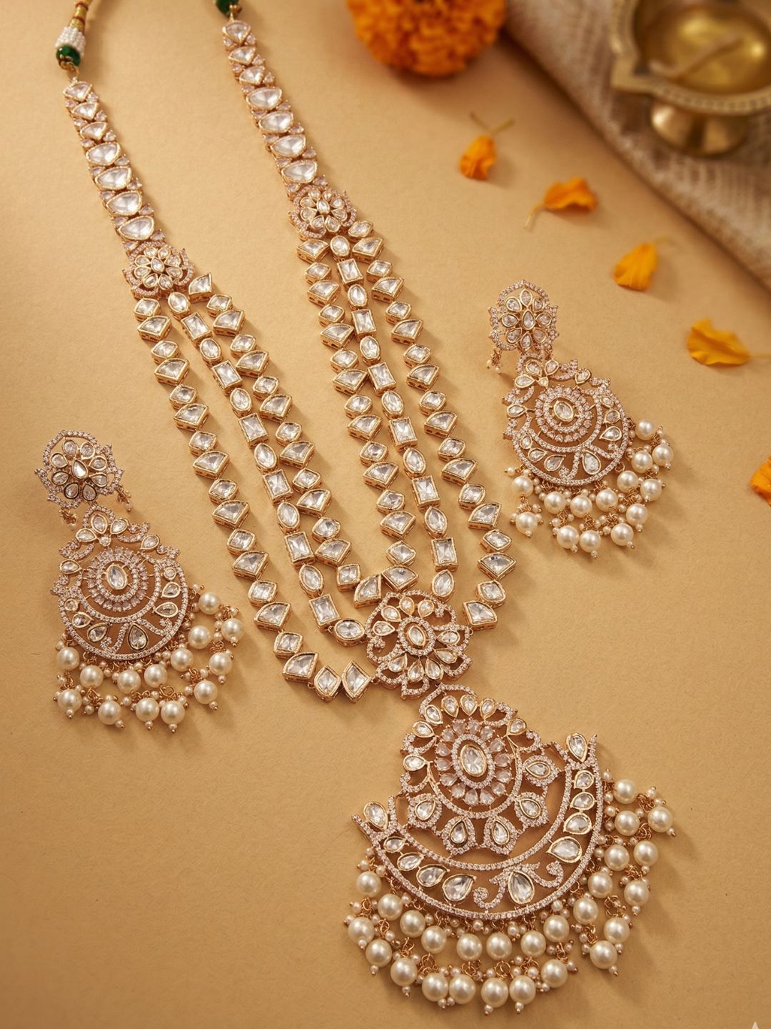Luxurious Long Layerd Polki Kundan Necklace Set With Pendant | Wedding And Bridal Jewellery Set 
