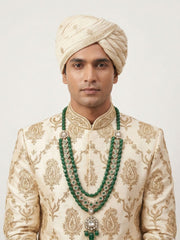 Maharaja Look Indian Grooms Sherwani Jewellery | Layered Green Kundan Necklace For Grooms | green beaded Dulha Necklace 