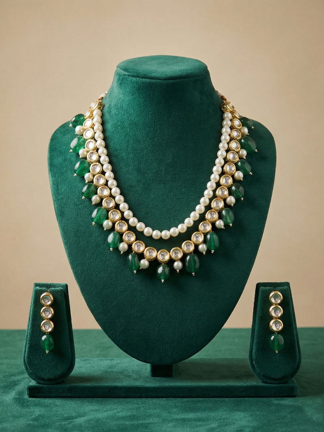 Traditional Gold Plated green Beaded Kundan Necklace Set For Women - Ethnic Indian Jewellery Set
