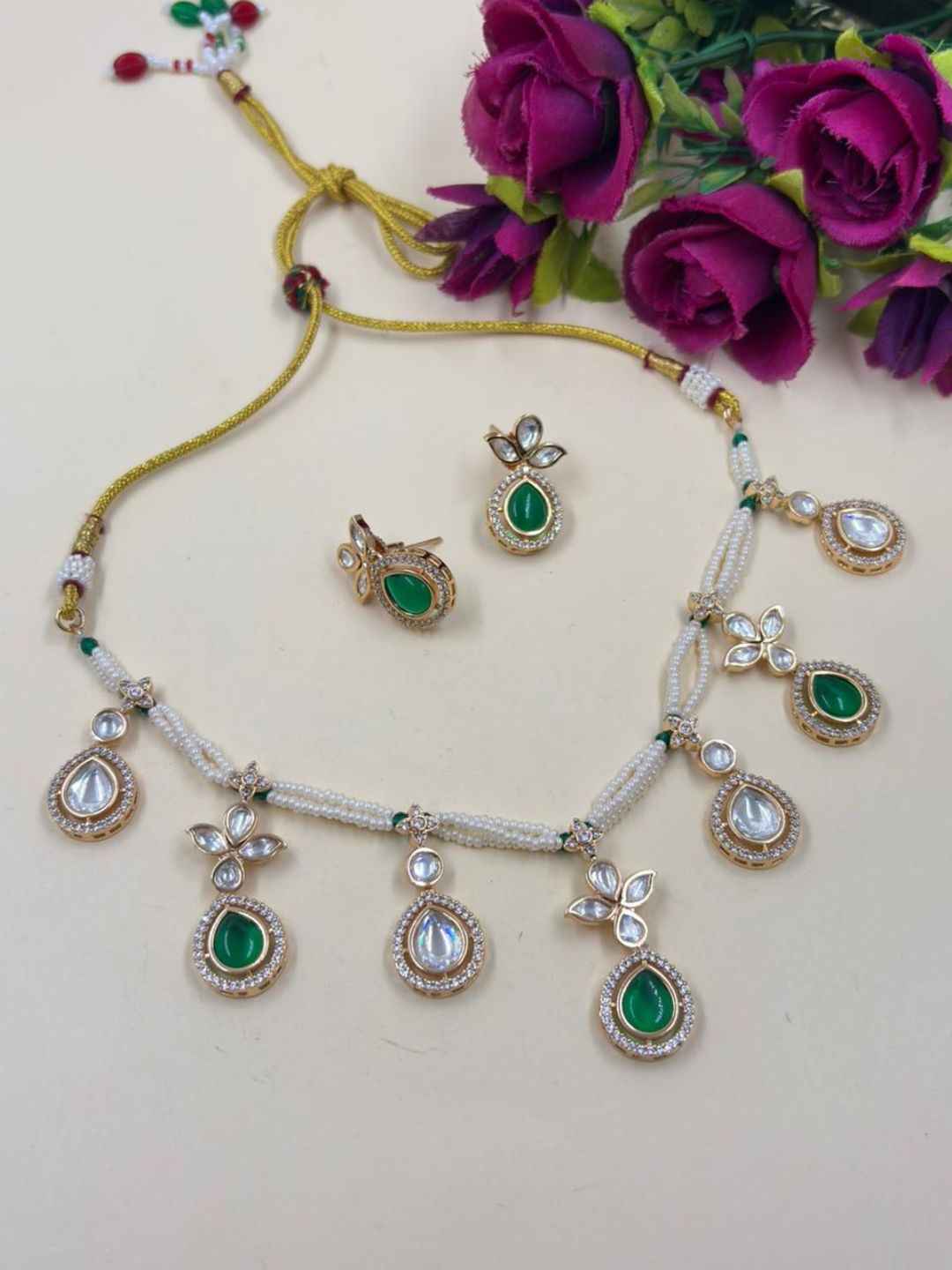 Elegant Gold Plated Beaded Pearls & green Polki Drops Statement Necklace Set For Women