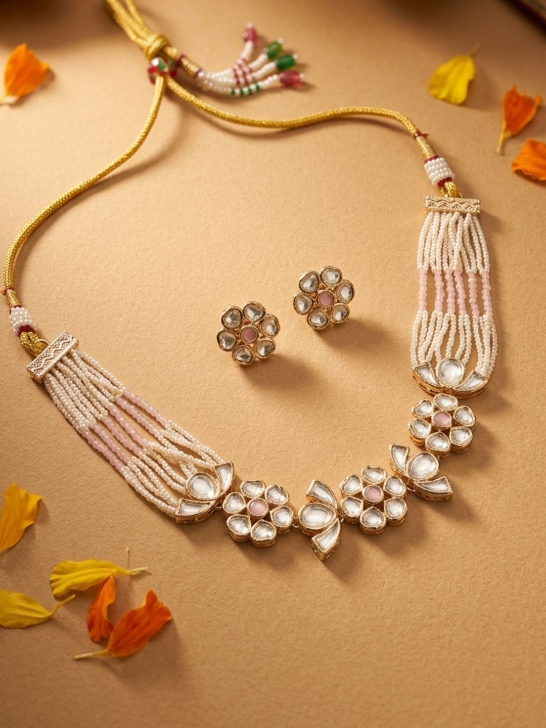 Modern Kundan And baby pink beaded Pearl Choker Necklace Set | Contemporary Indian Choker Jewelry