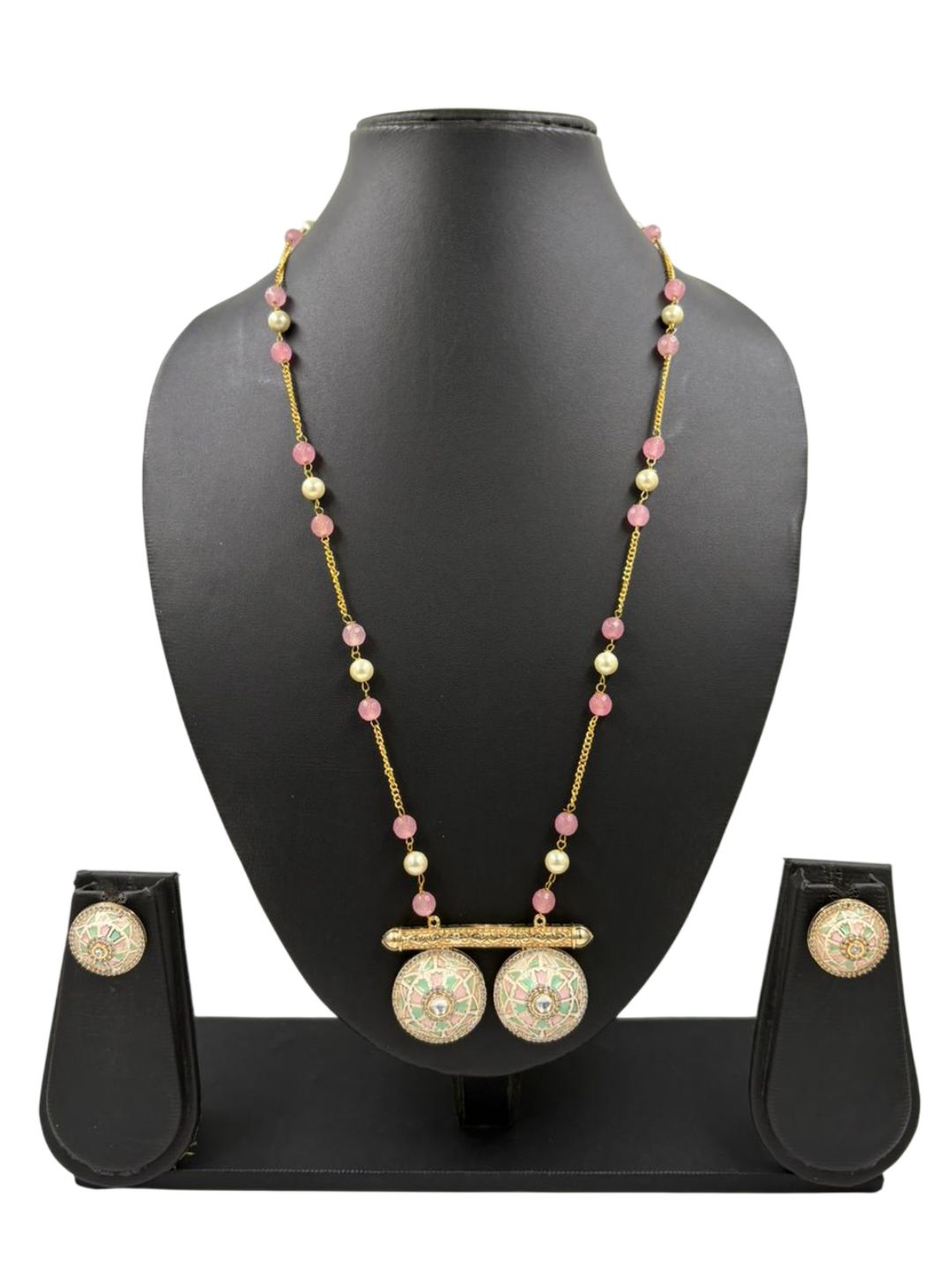 Traditional Long Beaded Chain Pendant Necklace Set With pink and green Meenakari - Ethnic Jewellery Set