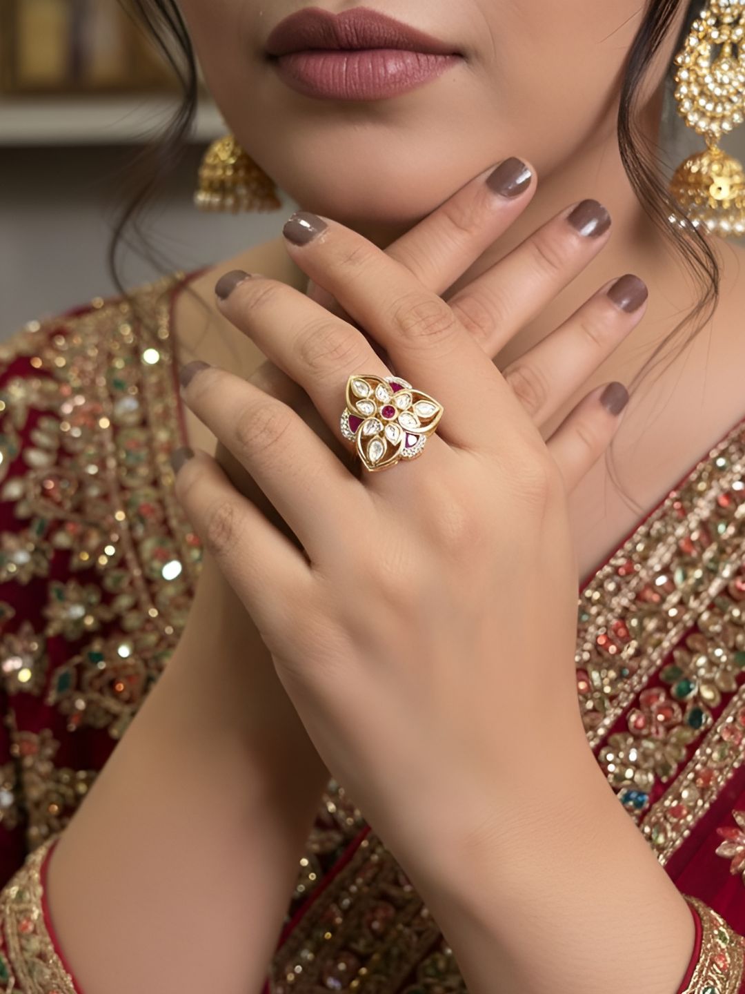 Gold Plated Meenakari And Kundan Adjustable Ring For Ladies - Festive And Party Wear