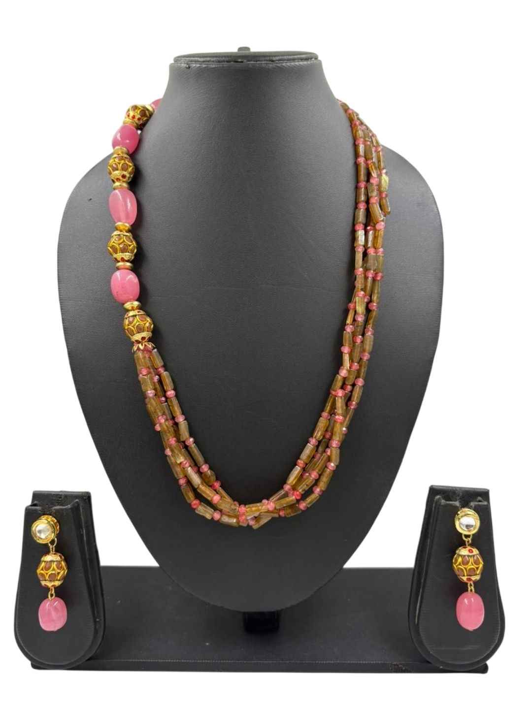 Handcrafted Side Pattern Jade Gemstone Beaded Jewellery Necklace Set - Ethnic And Traditional Wear