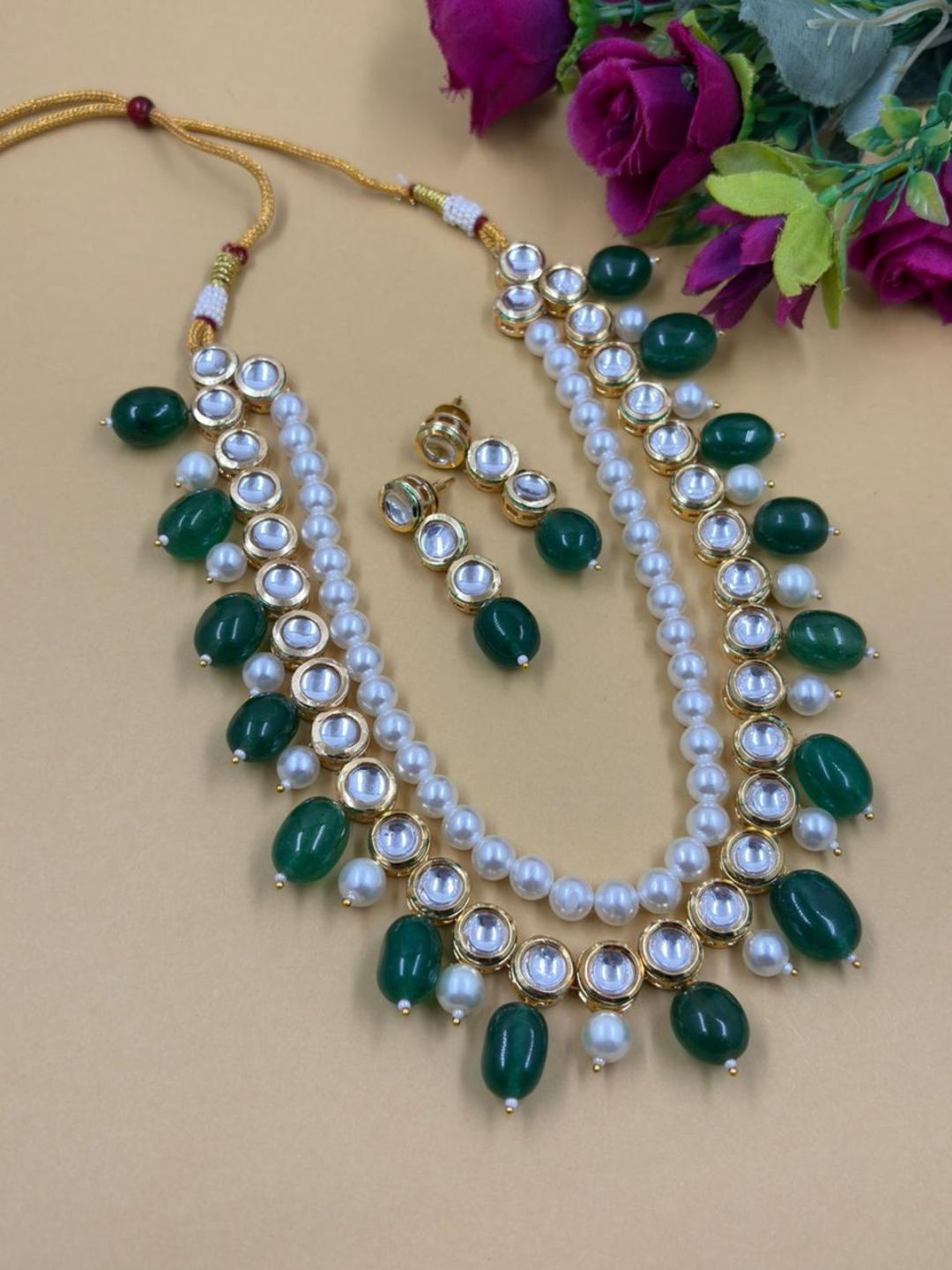 Traditional Gold Plated green Beaded Kundan Necklace Set For Women - Ethnic Indian Jewellery Set