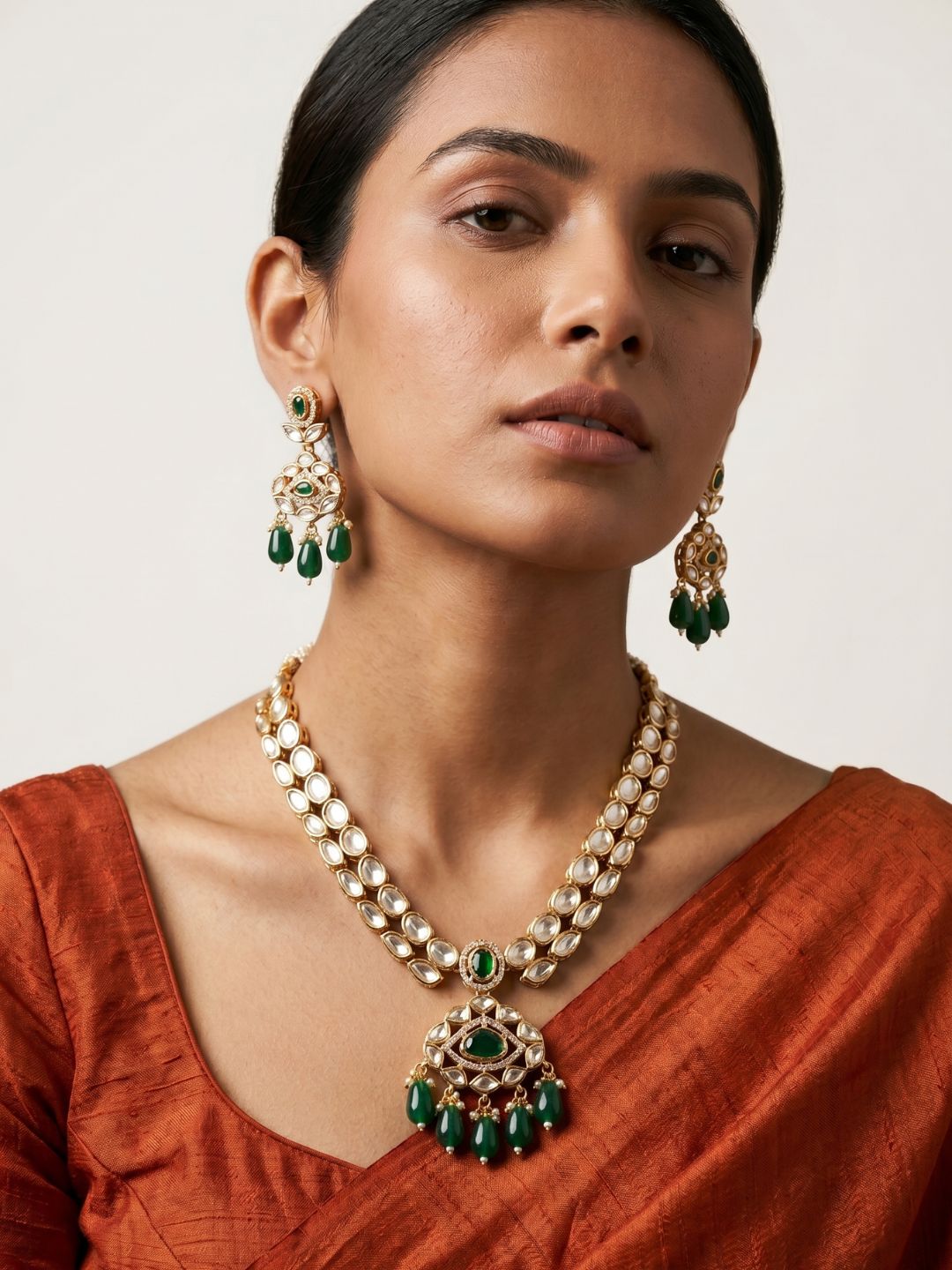 Rose Gold Finish green Kundan Necklace Set - Wedding And Party Wear Kundan Jewelry