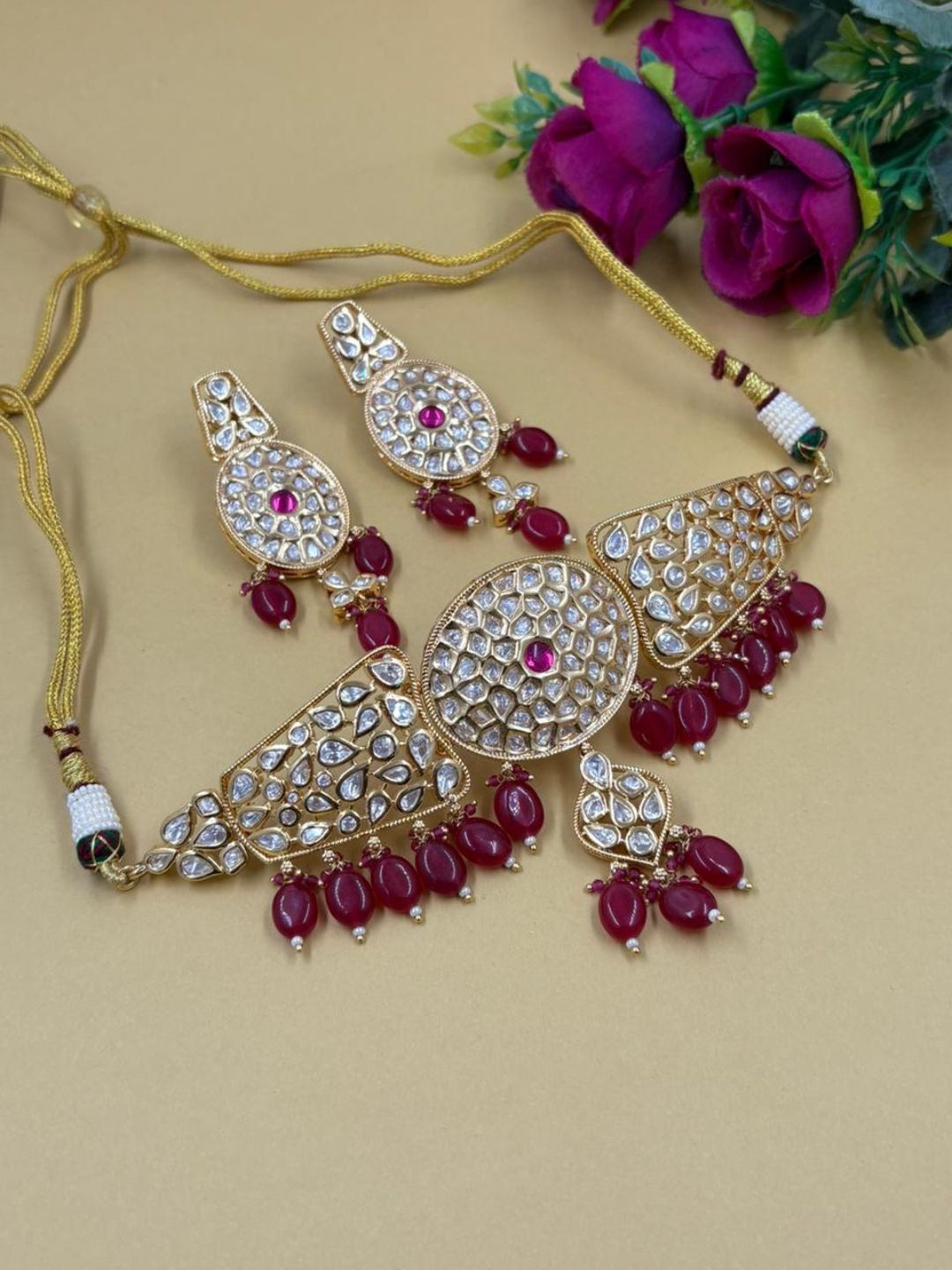 Gold Plated Statement Look red Kundan Choker Necklace Set - Wedding And Party Wear
