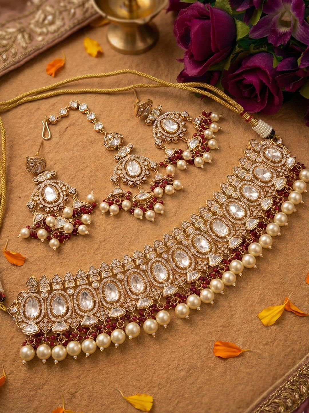 Sasha Rose Gold Finish Polki Kundan Bridal Choker Necklace With Tikka - Wedding Jewellery Set