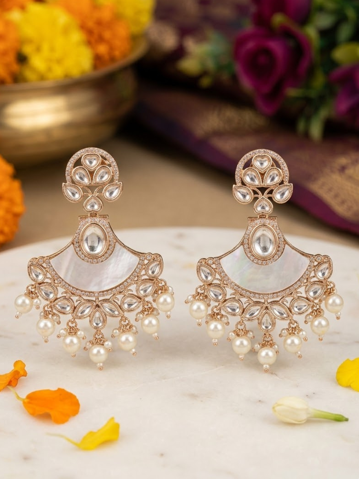 Designer Kundan And Mother Of Pearl Beaded Chandbali Earrings For Women  - Statement Earrings