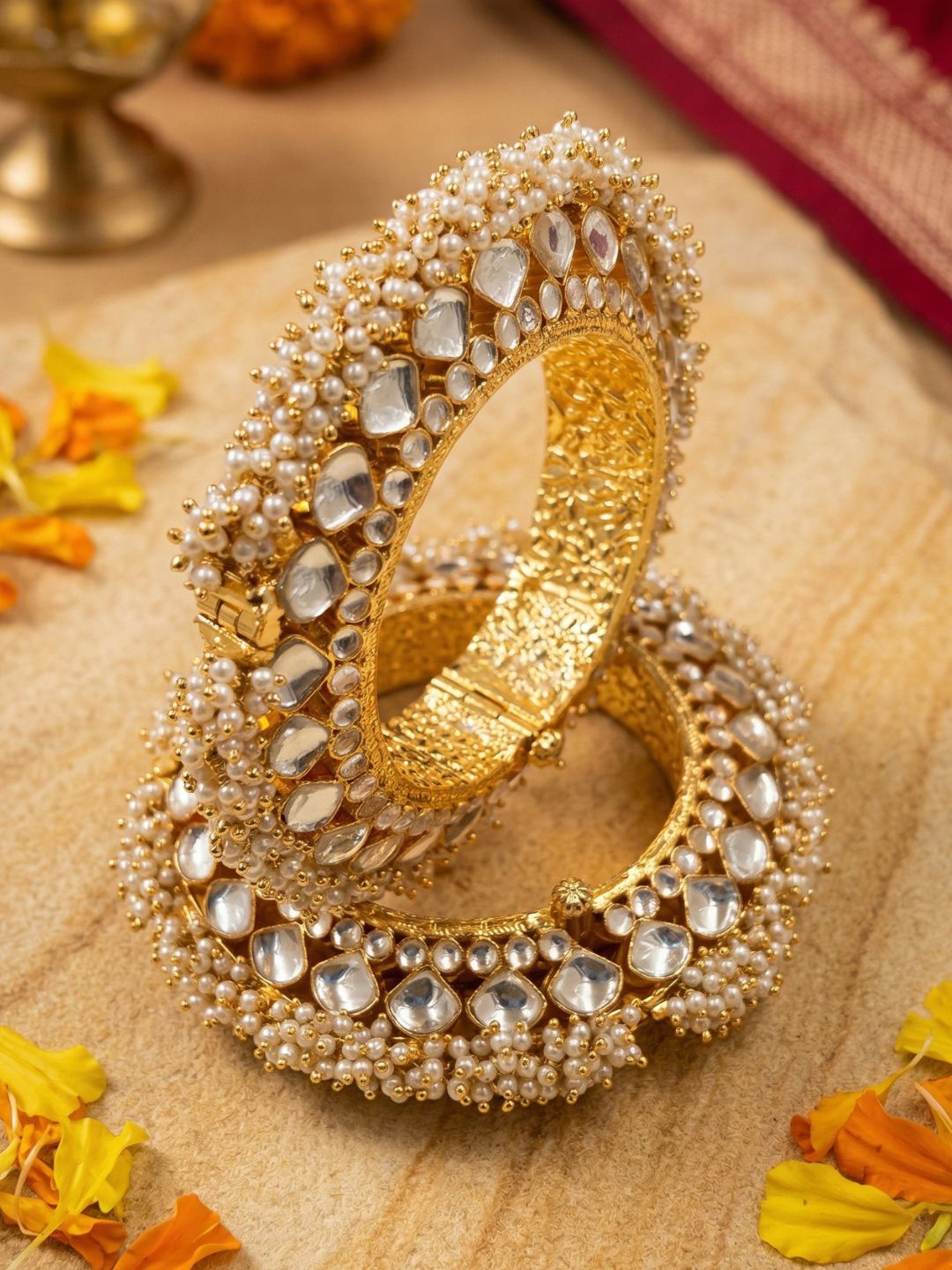 Traditional Gold Plated Jadau Pacheli Bangles For Women - Wedding & Festive Wear Kundan Bangles