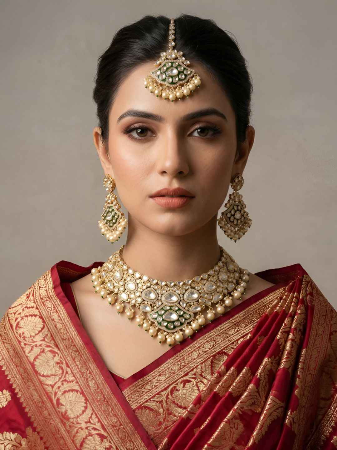 Gold Plated Luxury Wedding Polki Kundan Necklace Set With Tikka - Wedding & Bridal Jewellery Set