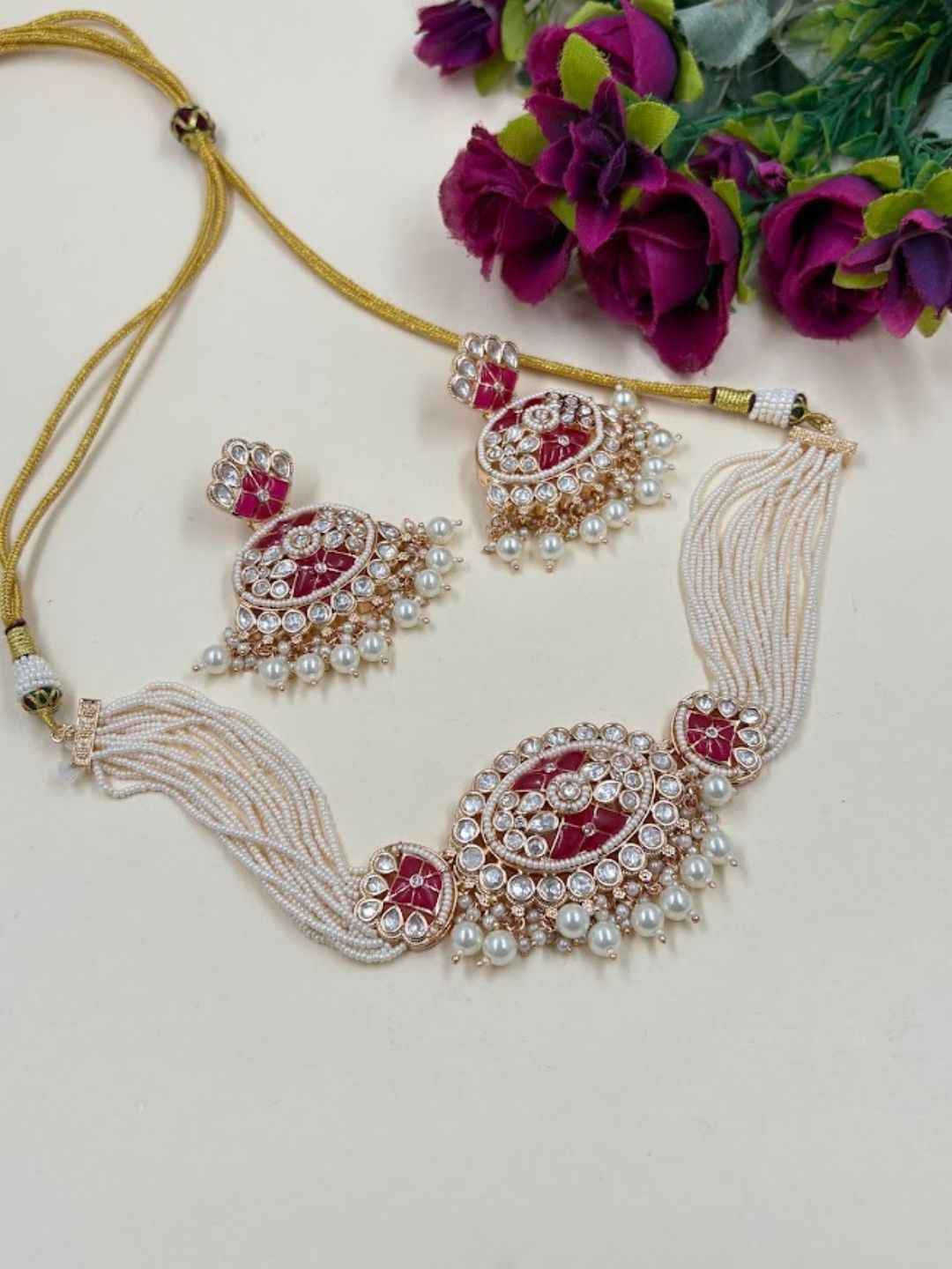 Gold Plated Statement Look Beaded red Kundan Choker Necklace Set - Wedding Jewellery Set