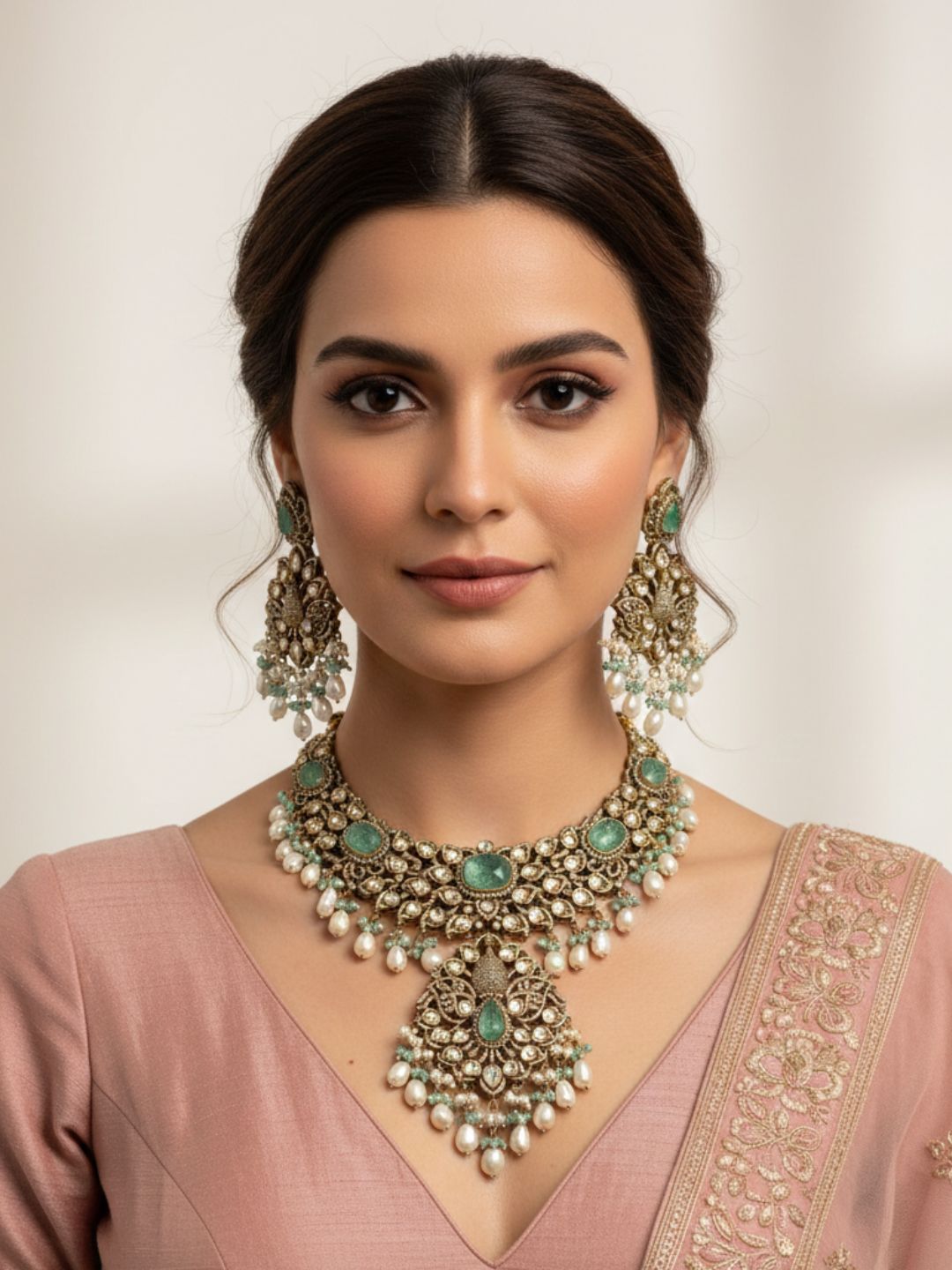 Sabyasachi Inspired Bridal green ntique Victorian Jewellery Necklace Set By Gehna Shop