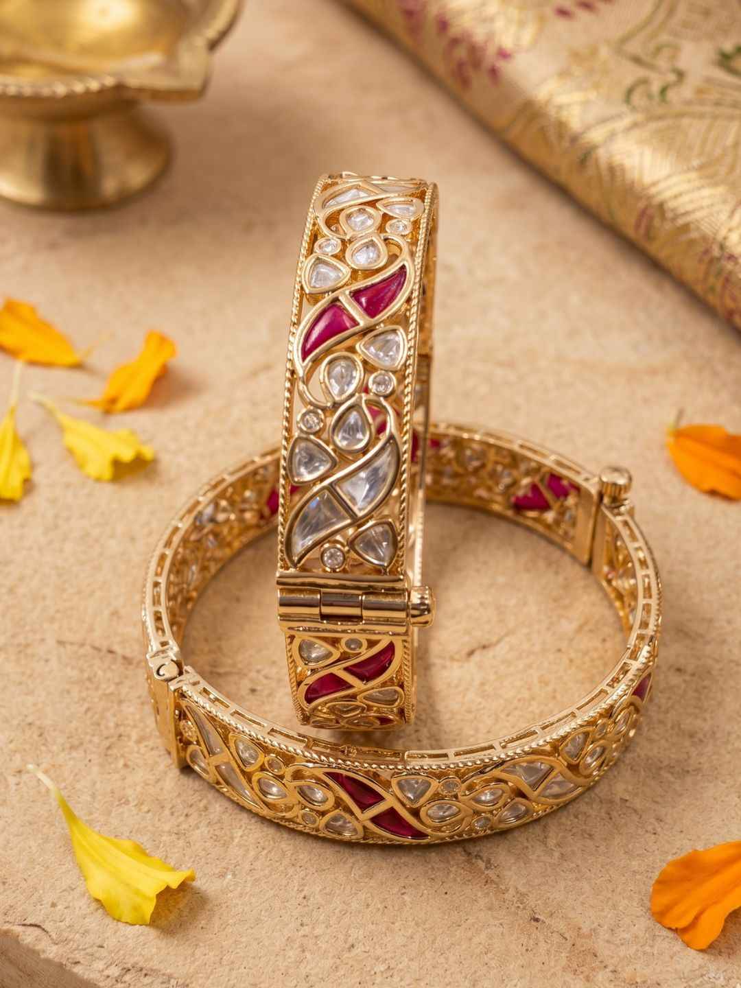 Gold Palted Uncut Polki Kundan Kada Bangles | Wedding And Festive Wear Indian Bangles