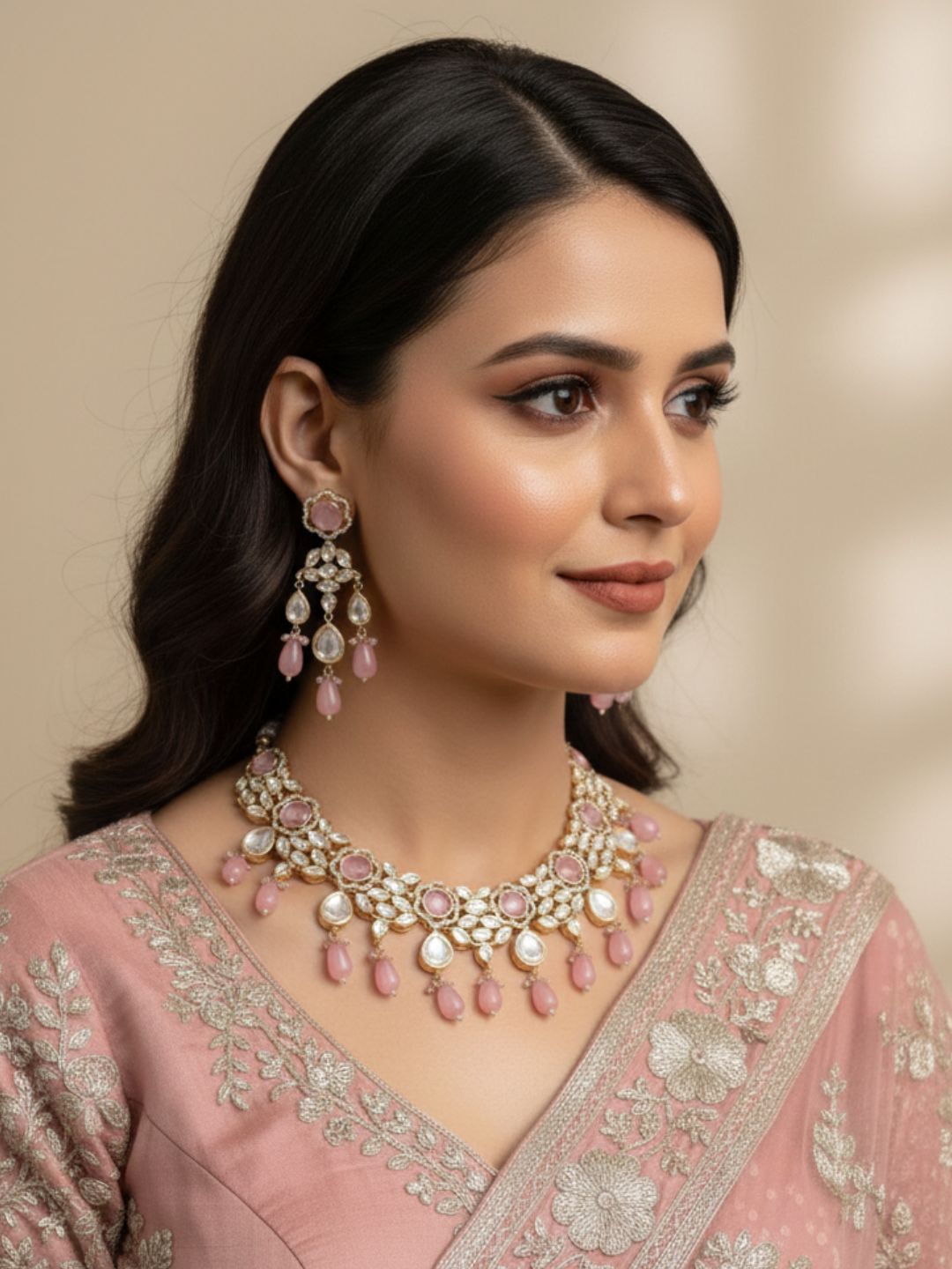 Elegant Polki Kundan Necklace Set For Women - Wedding & Party Wear Kundan Jewellery Set with pink stone and beads 