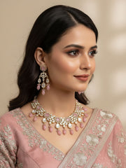 Elegant Polki Kundan Necklace Set For Women - Wedding & Party Wear Kundan Jewellery Set with pink stone and beads 