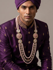 Designer Unisex Rose Gold Pearl Beads Necklace With Kundan Brooch – Perfect For Sherwanis And Traditional Wear