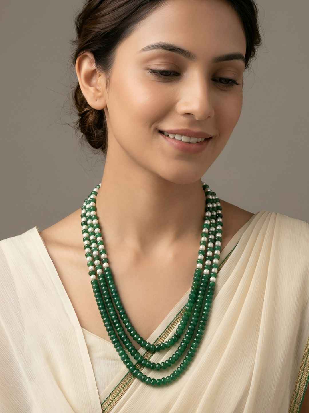 Handcrafted Layered Green Jade And Pearls Beaded Necklace set For Women - Gemstone Jewellery